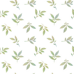 Naklejka na ściany i meble Pattern with watercolor green leaves on branches. Abstract botanical background from watercolor leaves.