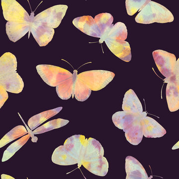 colorful butterflies, drawn in watercolor, collected in a seamless pattern on a purple background. for wallpaper, invitations, wrapping paper. © Sergei