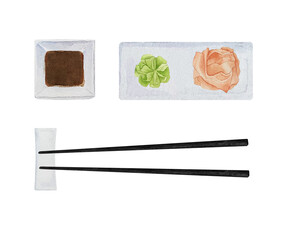 Watercolor sushi set with soy sauce, wasabi and red and white ginger with chopsticks on plate