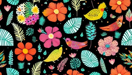 Colorful floral pattern on black background, thousand colorful spots, seamless illustration, spill, tropical, ditsy