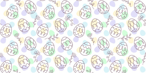 Decorative Easter eggs, twigs, flowers and inflorescences on a white background with multicolored small eggs. Festive endless texture. Vector seamless pattern for festive design, wrapping paper, print