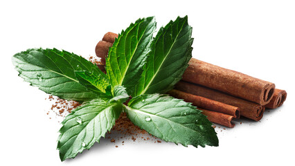 Spearmint leaves with ground cinnamon and cinnamon sticks  isolated png - obrazy, fototapety, plakaty