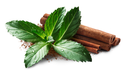Spearmint leaves with ground cinnamon and cinnamon sticks  isolated png