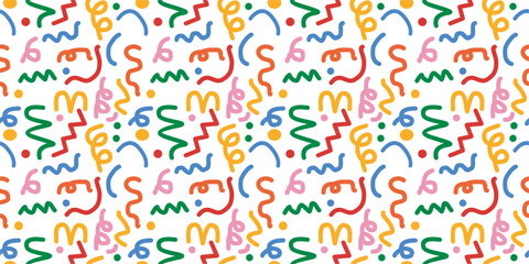 Vector illustration of fun colorful line doodle seamless pattern. Creative minimalist style art background for children or trendy design with basic shapes. Can be printed on wrapping paper, fabric.