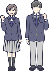 ガッツポーズをする制服を着た男女の全身イラスト