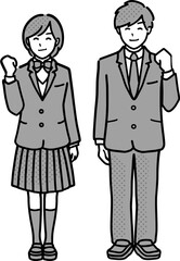 ガッツポーズをする男女学生の全身イラスト　モノクロ