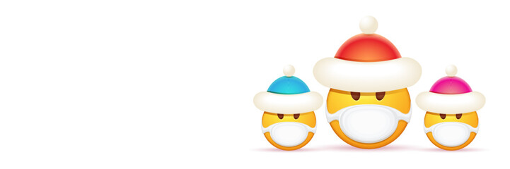 Vector Christmas horizontal banner with funky Emoji sticker with mouth medical protection mask and santa claus red hat isolated on white background. Yellow santa doctor smile face character set