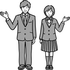 案内をする制服を着た男女学生　モノクロ全身イラスト