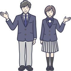 案内をする制服を着た男女学生　全身イラス