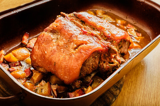 Roasted pork meat in cooking pot