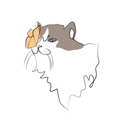 butterfly sitting on the nose of the cat vector one line art illustration.