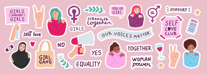 International women's day collection of trendy feminism stickers, woman and inspiration quotes for print