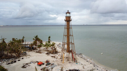 SANIBEL ISLAND, FL. - November 10, 2022: The Sanibel Island Lighthouse remains stranding despite...