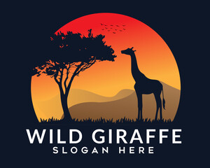 Wild giraffe logo vector with african landscape poster.