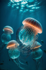 a school of jellyfish floating in turquiose water. AI generated