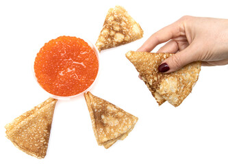 pancakes with red caviar on a white background