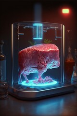 Lab grown meat, vegan meat, science for saving the environment, generative ai art, ethical meat, fake meat - obrazy, fototapety, plakaty