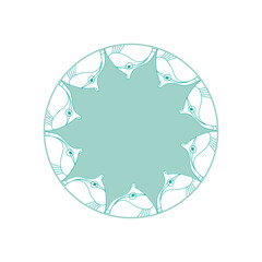 Cute round fish frame. Border with fish in doodle style. Place for your text. Vector illustration. Ocean banner.