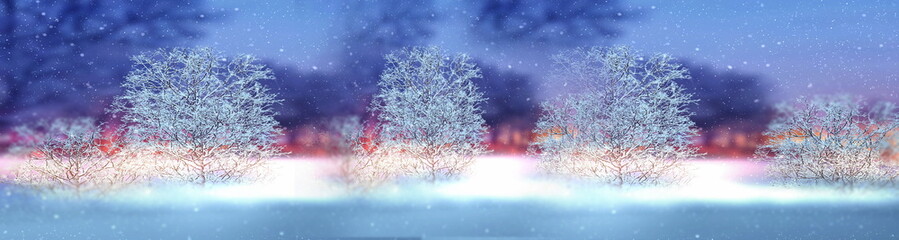Winter  city, park trees covered by snow ,soft evening street lantern warm  light snowflakes banner template