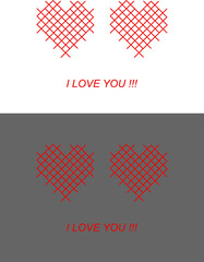Hearts greeting card vector illustration set. Love card. Cross stitch pattern hearts. Valentines day greeting card, love hearts celebration paper template.