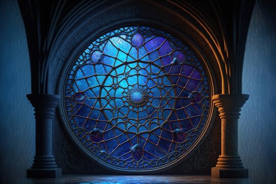 Round Vitrage Gothic Window with Colored Stained Glass in the Mystic Mansion Room. Generative AI.