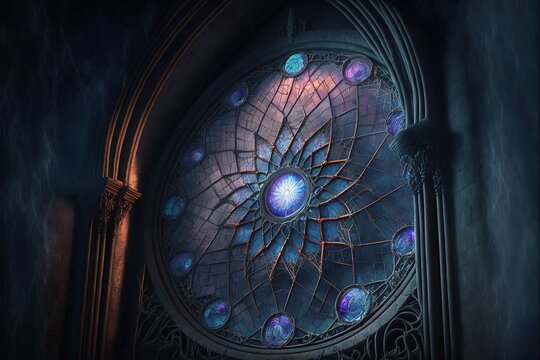 Round Vitrage Gothic Window with Colored Stained Glass in the Mystic Mansion Room. Generative AI.