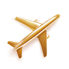 Vector realistic 3d airplane made of gold top view icon. Passanger golden aircraft 3d glossy render. Aviation and traveling symbol.