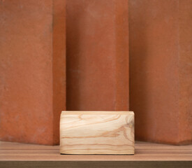 empty beige wood podium on tabletop with brown brick block wall background with space.organic healthy natural cosmetic product present show promotion stand display backdrop design.