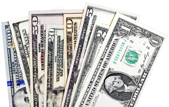 1, 2, 5, 10, 20, 50, 100 U.S. dollars bills, isolated on white. Perfect content with money to create business concepts, economic and financial news.
