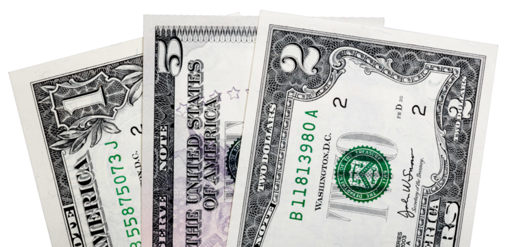 Macro close up shot with 1, 2 and 5 dollar isolated. Perfect content with money to create business concepts, economic and financial news.