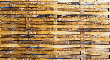 Texture of rattan yellowish bamboo strips background