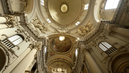 BOLOGNA ITALY CIRCA APRIL 2022 Ceiling of a Catholic Cathedral Santa Maria della Vita interior of traditional Catholic Sanctuary. Beautiful Western architecture