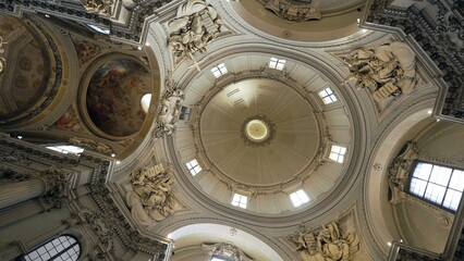 BOLOGNA ITALY CIRCA APRIL 2022 Ceiling of a Catholic Cathedral Santa Maria della Vita interior of traditional Catholic Sanctuary. Beautiful Western architecture