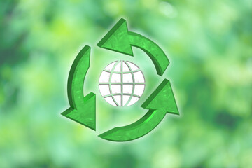 Erde Recycling Grafik in 3D mit Pfeilen auf grünem Hintergrund für Nachhaltigkeit