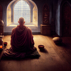 praying or meditating monk at the window of the monastery, created with Generative AI