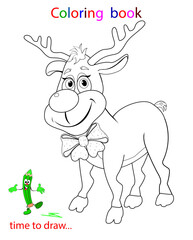 Deer with a bow, coloring in outlines. Sketch cartoon reindeer with a bow. Black and white drawing on a white background