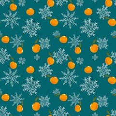 Winter seamless pattern with oranges, snowflakes