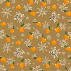 Winter seamless pattern with oranges, snowflakes, candy canes.
