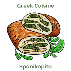 Greek spanakopita or spinach pie. Traditional Greek Cuisine. Isolated vector illustration.
