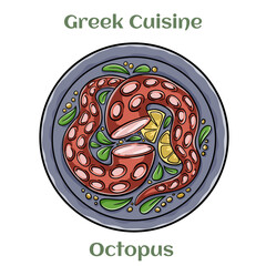 Grilled octopus with olive oil, lemon, oregano and parsley. Traditional Greek Cuisine. Isolated vector illustration.