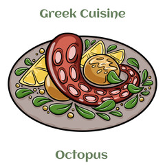 Grilled octopus tentacles, served with potatoes. Traditional Greek Cuisine. Isolated vector illustration.