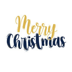 Merry Christmas ornate lettering on transparent. Holiday cartoon vector design. Golden and blue