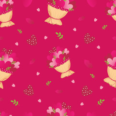 Seamless pattern with bouquet of hearts on pink background.