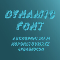 Movie font. Dynamic blue 3d alphabet. English letters and numbers from 0 to 9.