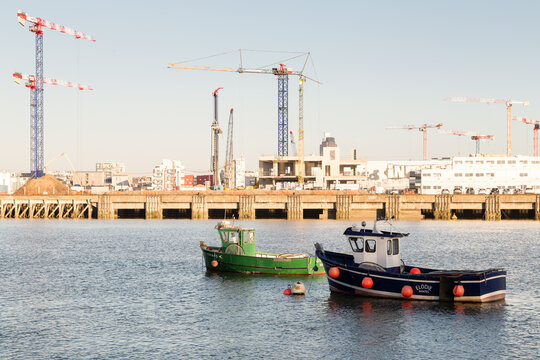 Ensemble de grues montrant les travaux &eacute;normes en cours, vue depuis la Loire. Le 16 d&eacute;cembre 2022 sur l'&Icirc;le de Nantes.