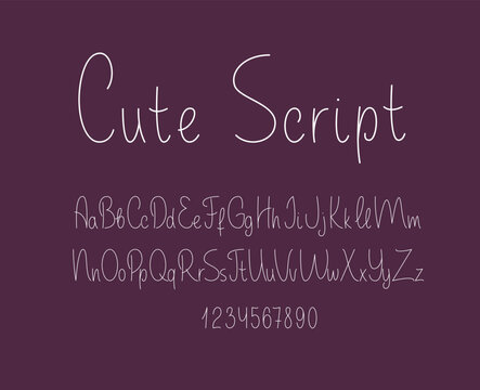 Romantic Script Font. Monoline Latin Alphabet. Handwritten English Letters and Numbers.