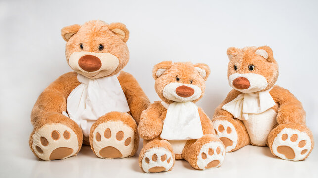 A family of teddy bears with bows on a white background.Daddy bear, mommy bear, little bear cub. Soft children's toy.