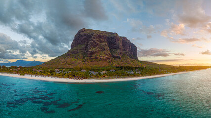 panoramic aerial landscape photo about the south side of  Mauritus. le morne brabant mountain is on...
