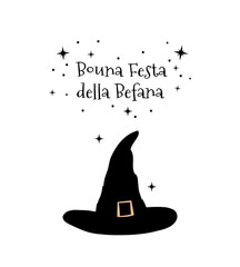 Greeting card, festa della Epiphany, Witch hat. Greeting card. Buona Befana 