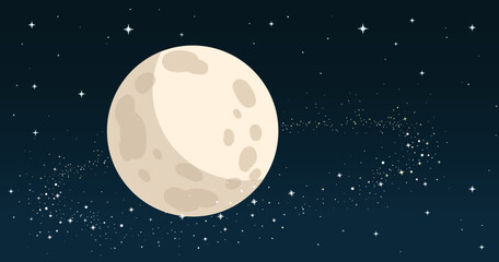 Cartoon moon in space with stars around,  science illustration with space for text, planet, astronomy concept background